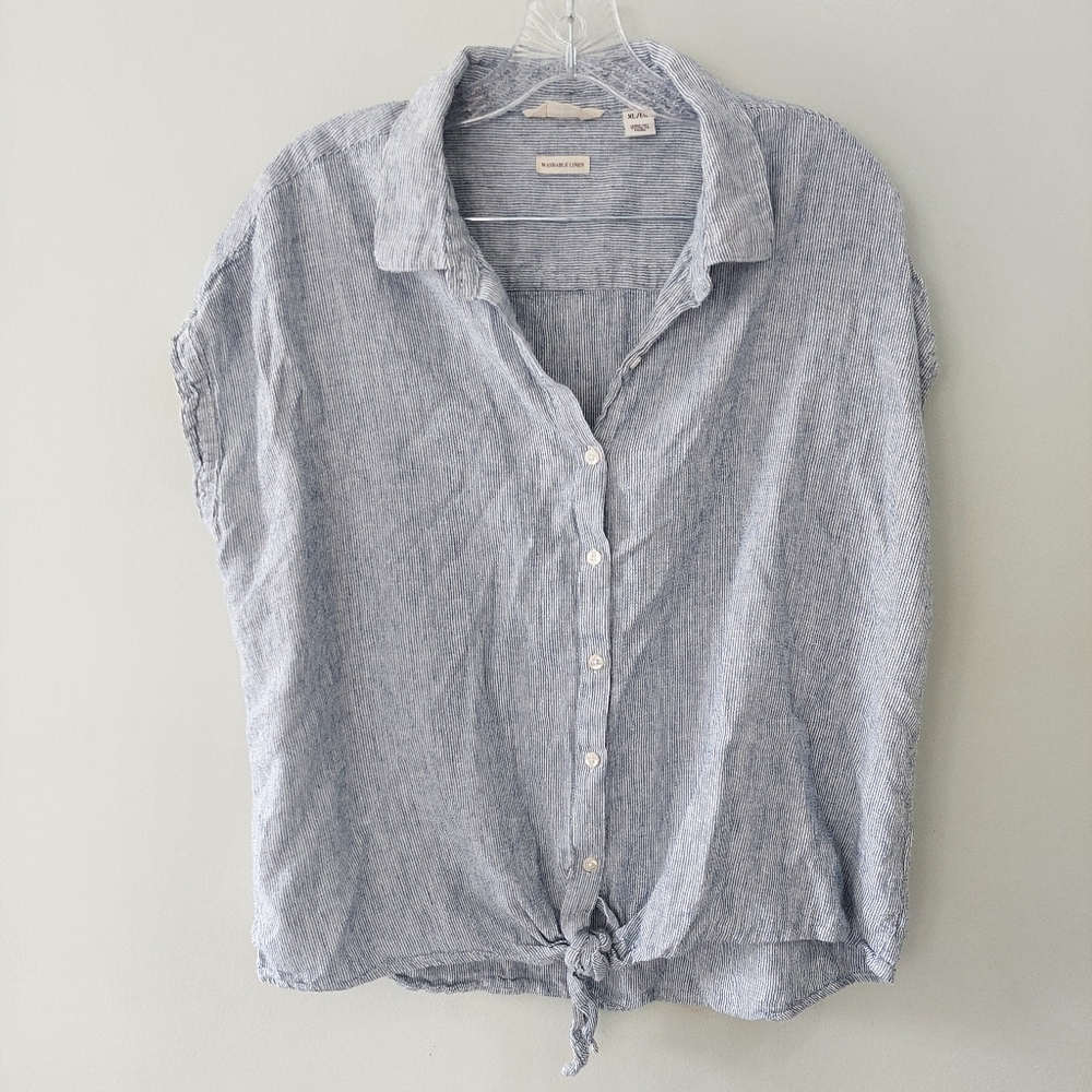 Weatherproof Vintage Top Linen XL blue white stripes button-up tie front